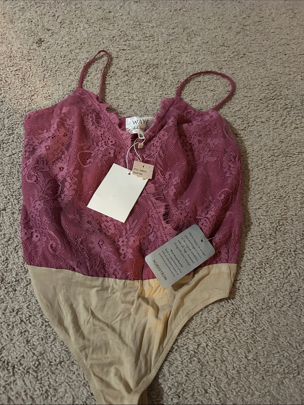 Wayf Pink Lace Bodysuit with Cream Bottom